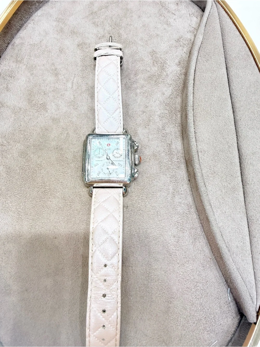 Michele Square Mother-of-Pearl Dial Watch with Pale Pink Quilted Strap